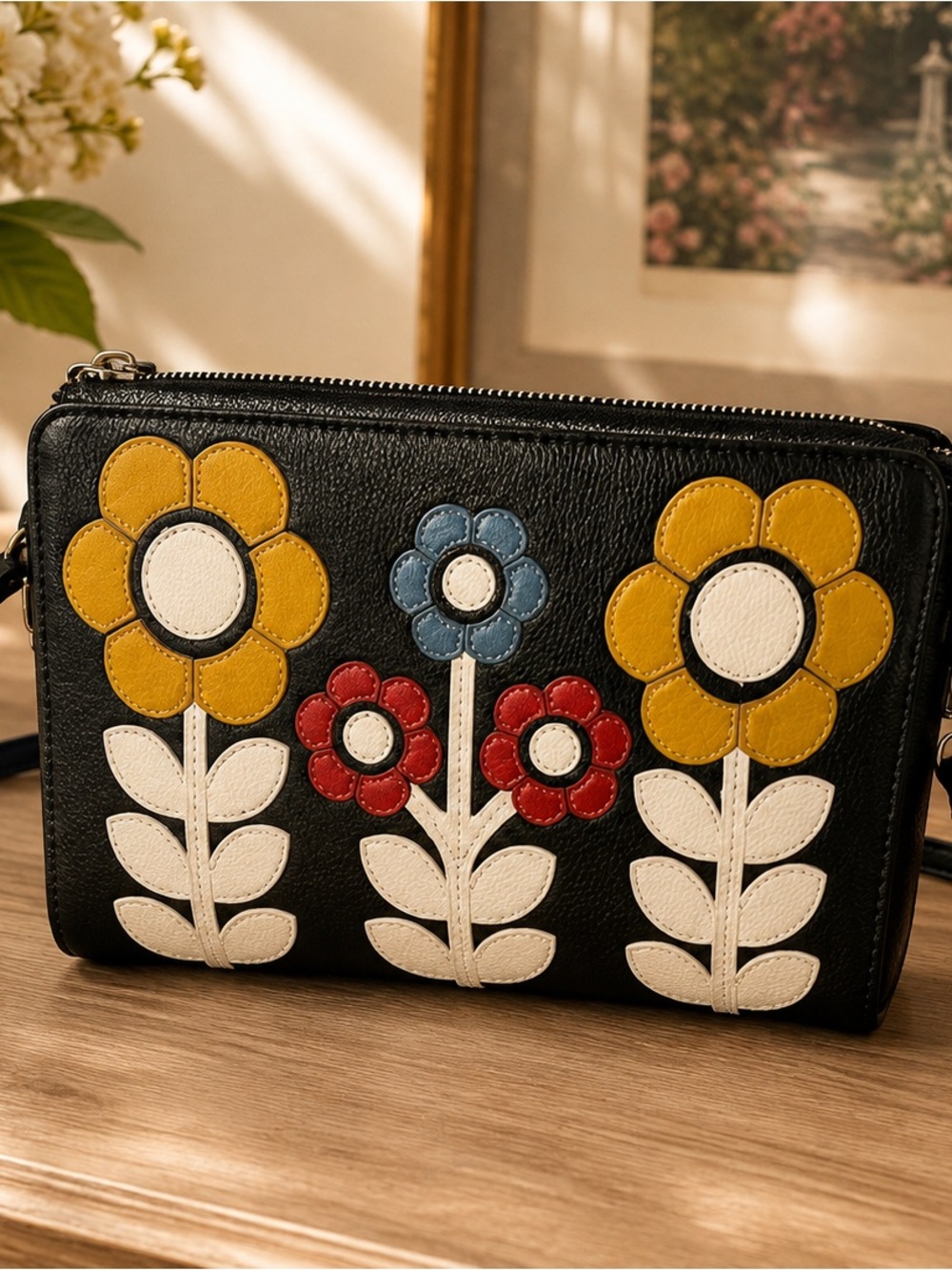 Brighton navy leather Floral Appliqué Crossbody Bag - Multicolor Flowers